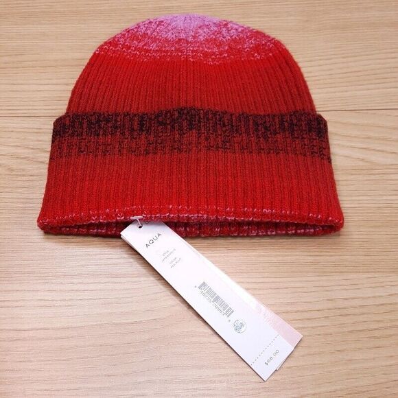 AQUA Beanie Hat Womens Red Ombre Stripe Ribbed Cuff Stretch $68 - Picture 3 of 5